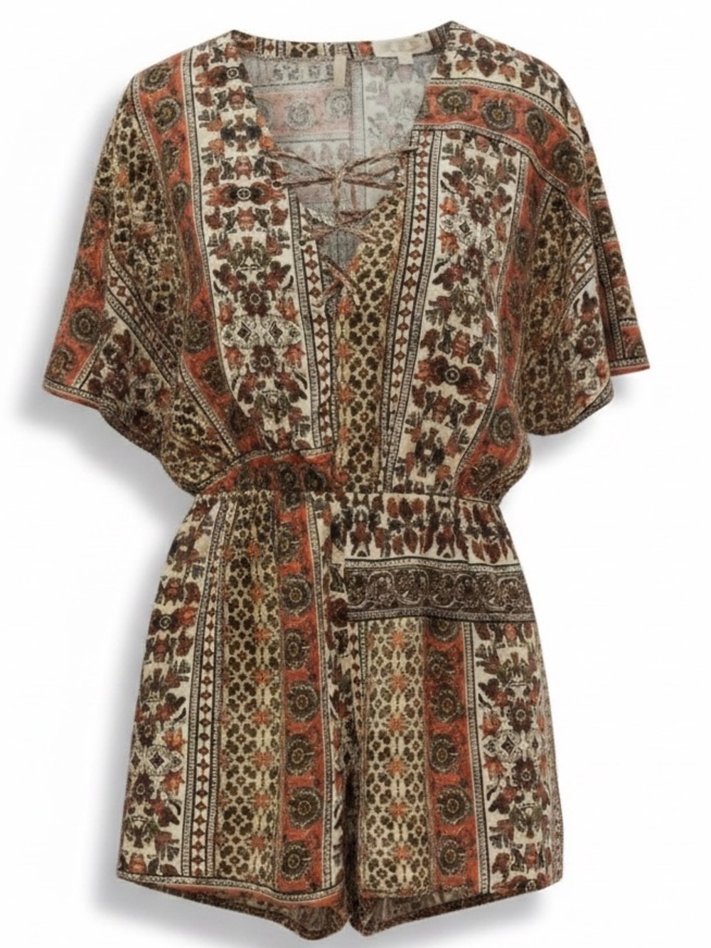 Pink Rose, Earthy Floral Boho Lace up V-Neck‎ Romper. Size Large - Picture 3 of 4